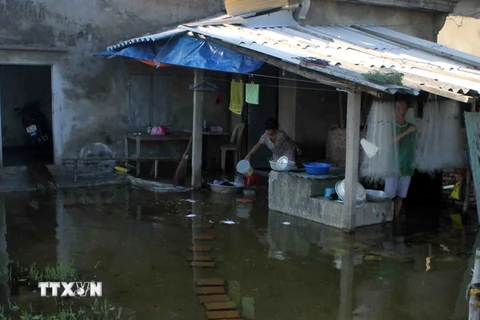Nhiều hộ dân ở huyện Nghi Xuân vẫn ngập trong nước. (Ảnh: Thanh Tùng/TTXVN)