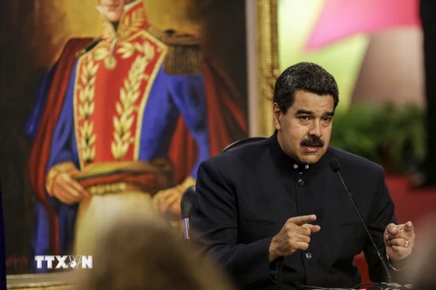 Tổng thống Venezuela Nicolas Maduro phát biểu trong cuộc họp báo ở Caracas. (Nguồn: EPA/TTXVN)