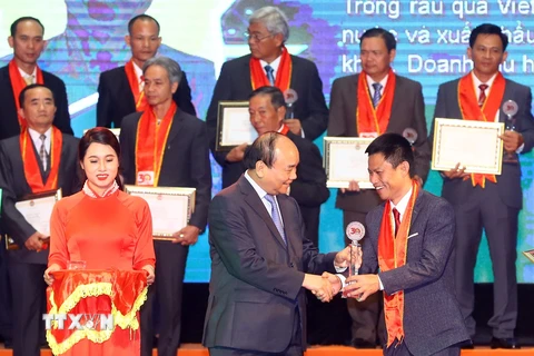 Thủ tướng Nguyễn Xuân Phúc trao danh hiệu Nông dân xuất sắc cho các gương nông dân tiêu biểu. (Ảnh: Thống NhấtTTXVN)