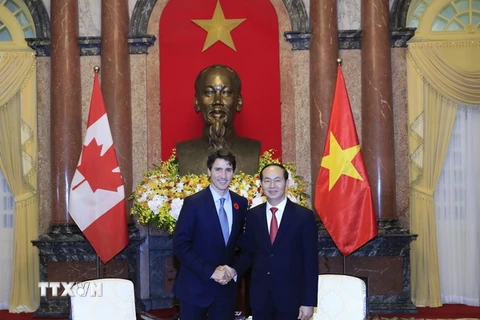 Chủ tịch nước Trần Đại Quang tiếp Thủ tướng Canada Justin Trudeau. (Ảnh: Nhan Sáng/TTXVN)