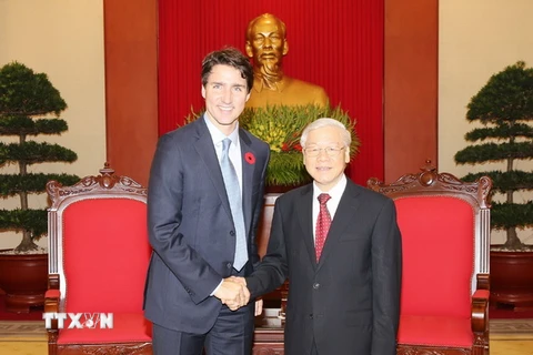 Tổng Bí thư Nguyễn Phú Trọng tiếp Thủ tướng Canada Justin Trudeau thăm chính thức Việt Nam. (Ảnh: Trí Dũng/TTXVN)