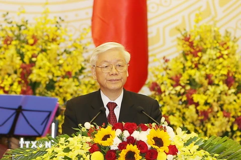 Tổng Bí thư Nguyễn Phú Trọng đọc Diễn văn chào mừng. (Ảnh: Trí Dũng/TTXVN)