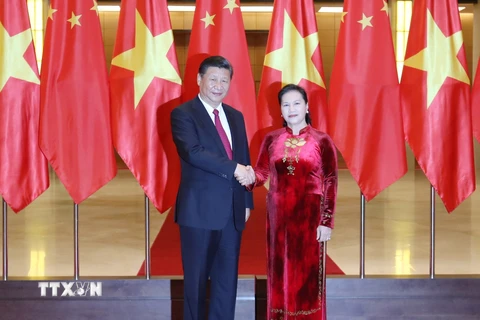 Chủ tịch Quốc hội Nguyễn Thị Kim Ngân hội kiến với Tổng Bí thư, Chủ tịch Trung Quốc Tập Cận Bình thăm cấp Nhà nước tới Việt Nam. (Ảnh: Trọng Đức/TTXVN)