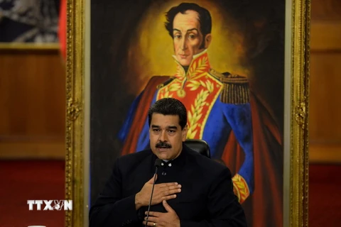 Tổng thống Venezuela Nicolas Maduro phát biểu trong cuộc họp báo tại Caracas. (Nguồn: AFP/TTXVN)