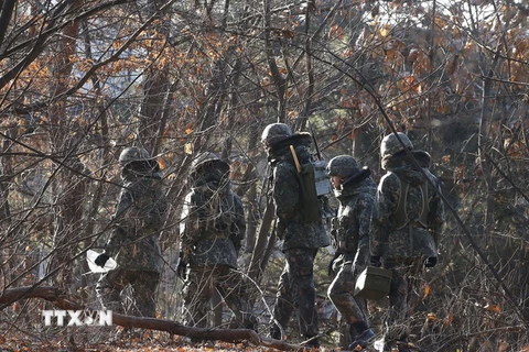 Binh sỹ Hàn Quốc tuần tra gần khu vực Paju, giáp biên giới liên Triều. (Nguồn: AFP/TTXVN)