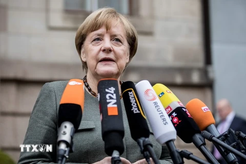 Thủ tướng Angela Merkel trả lời phỏng vấn trước cuộc đàm phán ở Berlin. (Nguồn: AFP/TTXVN)