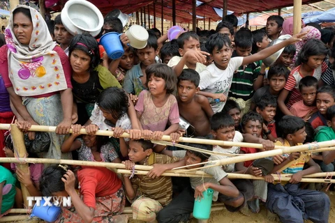 Người tị nạn Rohingya xếp hàng chờ nhận lương thực cứu trợ tại trại tị nạn Thaingkhali ở Ukhia, Bangladesh. (Nguồn: AFP/TTXVN)