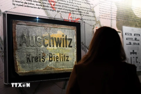 Khách tham quan triển lãm về Trại tập trung Auschwitz tại Madrid, Tây Ban Nha. (Nguồn: AFP/TTXVN)