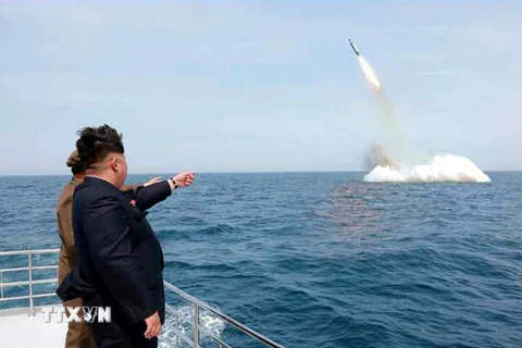 Nhà lãnh đạo Kim Jong-un thị sát vụ phóng thử tên lửa từ tàu ngầm gần Sinpo, phía Đông Bắc Triều Tiên. (Nguồn: EPA/TTXVN)
