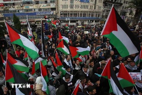 Người dân Palestine biểu tình tại Nablus, khu Bờ Tây. (Nguồn: THX/TTXVN)