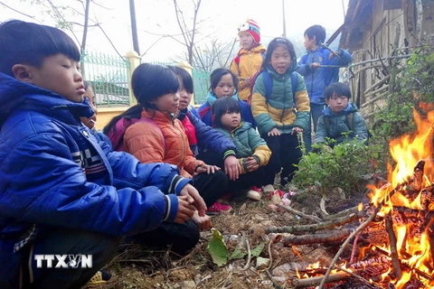 Học sinh trường tiểu học Yên Lạc, huyện Nguyên Bình (Cao Bằng) co ro bên đống lửa. (Ảnh: Quốc Đạt/TTXVN)