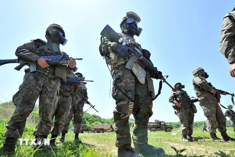 Binh sỹ Mỹ và Hàn Quốc tham gia cuộc tập trận chung tại Yeoncheon, phía Đông Bắc Seoul. (Nguồn: AFP/TTXVN)