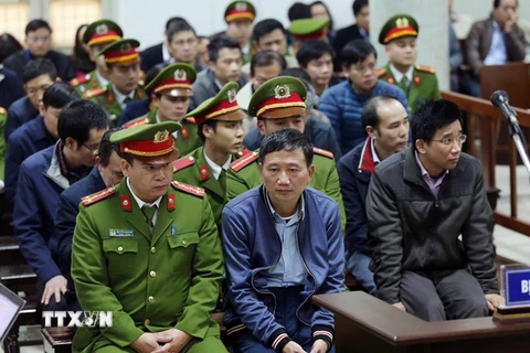 Bị cáo Trịnh Xuân Thanh và đồng phạm tại phiên tòa. (Ảnh: TTXVN)