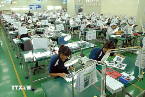 Dây chuyền sản xuất linh phụ kiện điện tử tại Công ty Flexcom Việt Nam. (Ảnh: Danh Lam/TTXVN)