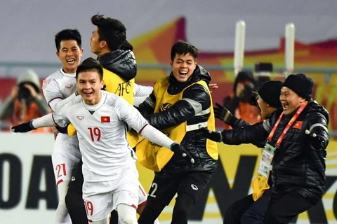 Các cầu thủ U23 Việt Nam ăn mừng sau chiến thắng lịch sử. (Nguồn: Fox Sports Asia)