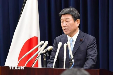 Bộ trưởng Nhật Bản phụ trách đàm phán Hiệp định CPTPP trong cuộc họp báo sau hội nghị tại Tokyo. (Nguồn: Kyodo/TTXVN)