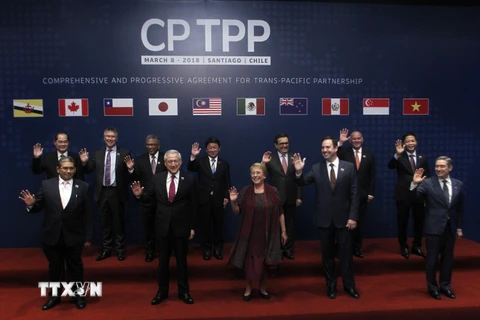 Bộ trưởng Thương mại và Công nghiệp Trần Tuấn Anh (thứ nhất, phải, hàng sau) cùng đại diện 10 nước tham gia lễ ký Hiệp định CPTPP. (Nguồn: AFP/ TTXVN)