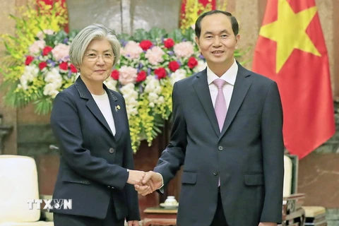 Chủ tịch nước Trần Đại Quang tiếp Bộ trưởng Ngoại giao Hàn Quốc Kang Kyung Wha. (Ảnh: Nhan Sáng/TTXVN)