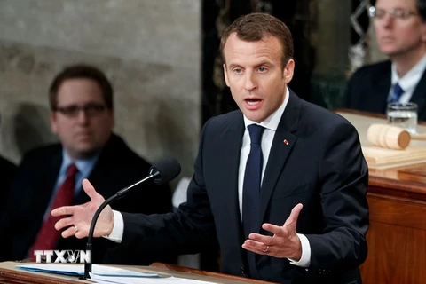 Tổng thống Pháp Emmanuel Macron phát biểu trước Quốc hội Mỹ. (Nguồn: THX/TTXVN)
