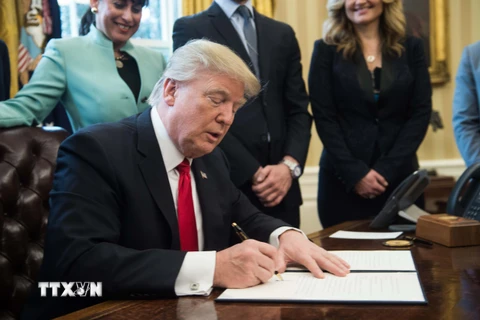Tổng thống Mỹ Donald Trump ký sắc lệnh tại Washington, DC. (Nguồn: AFP/TTXVN)