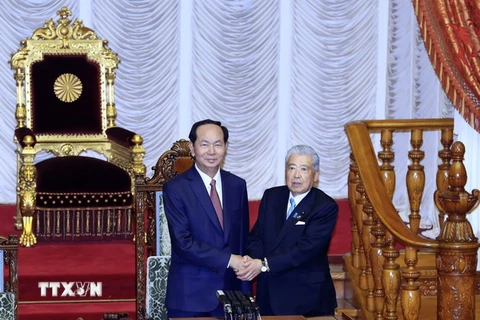 Chủ tịch nước Trần Đại Quang hội kiến với Chủ tịch Thượng viện Nhật Bản Date Chuichi. (Ảnh: Nhan Sáng/TTXVN)