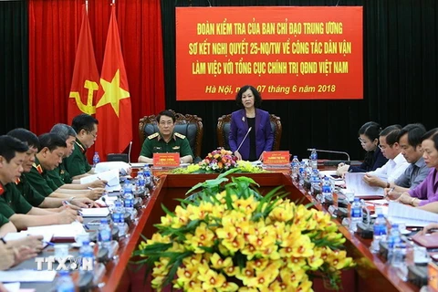 Trưởng Ban Dân vận Trung ương Trương Thị Mai phát biểu tại buổi làm việc. (Ảnh: Dương Giang/TTXVN)