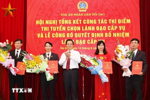 Phó Chánh án Tòa án nhân dân Tối cao Lê Hồng Quang trao Quyết định bổ nhiệm lãnh đạo cấp vụ của Tòa án nhân dân Tối cao. (Ảnh: Nguyễn Dân/TTXVN)