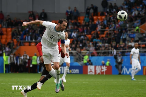 Pha đánh đầu của cầu thủ Uruguay Diego Godin trong trận đấu với Ai Cập. (Nguồn: THX/TTXVN) 