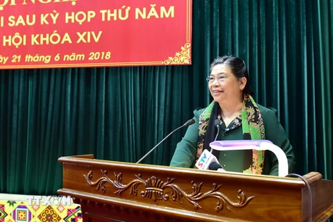Phó Chủ tịch Thường trực Quốc hội Tòng Thị Phóng phát biểu tại buổi tiếp xúc cử tri tại huyện Vân Hồ, Sơn La. (Ảnh: Quang Khánh/TTXVN)