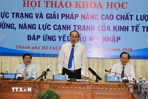 Bí thư Thành ủy Thành phố Hồ Chí Minh Nguyễn Thiện Nhân phát biểu chỉ đạo hội thảo. (Ảnh: Xuân Anh/TTXVN)