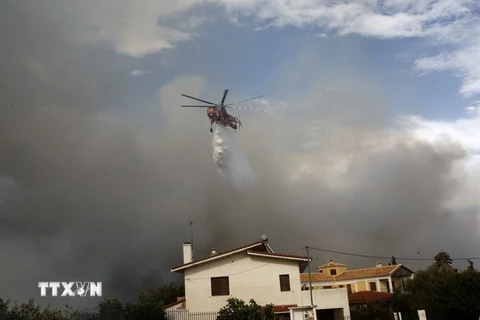 Trực thăng phun nước dập lửa cháy rừng tại Penteli, ngoại ô Athens, Hy Lạp. (Nguồn: EPA-EFE/TTXVN)