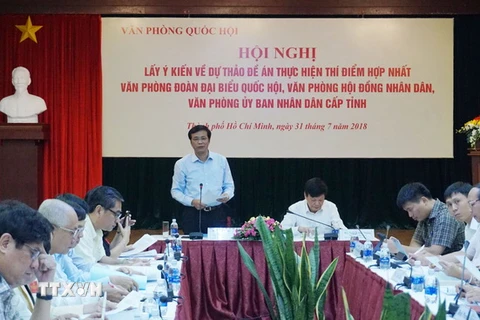 Ông Nguyễn Hạnh Phúc, Tổng Thư ký Quốc hội, Chủ nhiệm Văn phòng Quốc hội phát biểu tại hội nghị. (Ảnh: Thu Hoài/TTXVN)