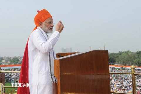 Thủ tướng Ấn Độ Narendra Modi trong bài phát biểu nhân dịp kỷ niệm 72 năm Ngày Độc lập. (Nguồn: THX/TTXVN)