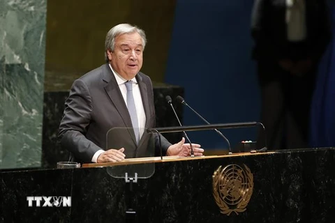 Tổng thư ký LHQ Antonio Guterres phát biểu tại Khóa họp 73 Đại hội đồng LHQ. (Nguồn: THX/TTXVN)