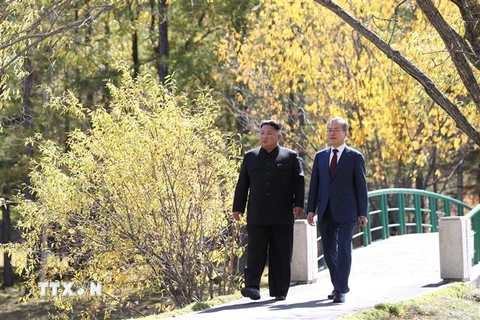 Nhà lãnh đạo Triều Tiên Kim Jong-un (trái) và Tổng thống Hàn Quốc Moon Jae-in (phải) trong chuyến thăm Núi Paektu, Triều Tiên. (Nguồn: AFP/TTXVN)