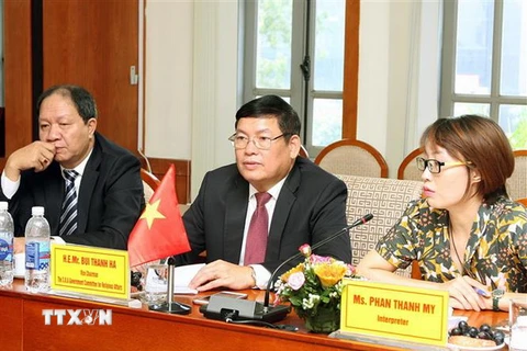 Phó Trưởng ban Tôn giáo Chính phủ Bùi Thanh Hà (giữa) tại buổi hội đàm. (Ảnh: Nguyễn Dân/TTXVN)