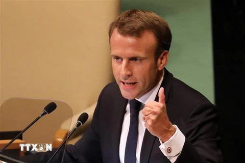 Tổng thống Pháp Emmanuel Macron phát biểu tại Khóa họp 73 Đại hội đồng Liên hợp quốc ở New York, Mỹ. (Nguồn: AFP/TTXVN)
