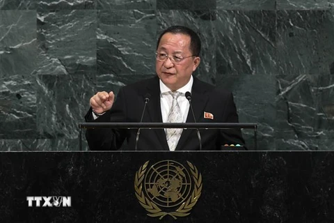Ngoại trưởng Triều Tiên Ri Yong-ho phát biểu tại Khóa họp 72 Đại hội đồng Liên hợp quốc ở New York, Mỹ tháng 9/2017. (Nguồn: AFP/TTXVN)