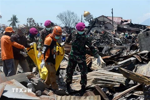 Lực lượng cứu hộ chuyển thi thể nạn nhân ra khỏi đống đổ nát sau thảm họa động đất và sóng thần ở Palu. (Nguồn: THX/TTXVN)