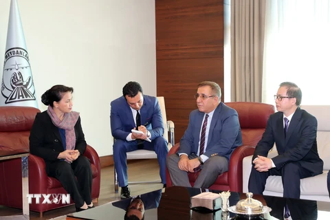 Phó Thị trưởng thành phố Istanbul Hikmet Dengesik (thứ 2 bên phải) đón Chủ tịch Quốc hội Nguyễn Thị Kim Ngân tại sân bay Ataturk. (Ảnh: Trọng Đức/TTXVN)
