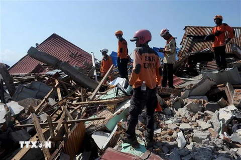 Lực lượng cứu hộ tìm kiếm nạn nhân sau thảm họa động đất và sóng thần ở Palu, tỉnh Trung Sulawesi, Indonesia. (Nguồn: THX/TTXVN)