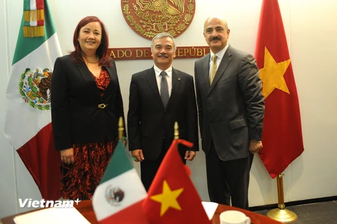 Đại sứ Nguyễn Hoài Dương, thượng nghị sỹ Cora Cecilia Pinedo Alonso và thượng nghị sỹ Ricardo Ahueo Bardahuil. (Ảnh: Việt Hùng/Vietnam+)