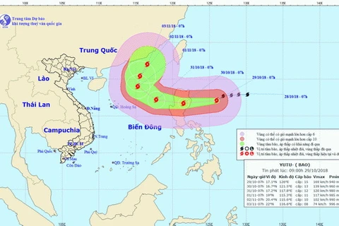 Vị trí và đường đi dự kiến của bão Yutu. (Nguồn: nchmf.gov.vn)