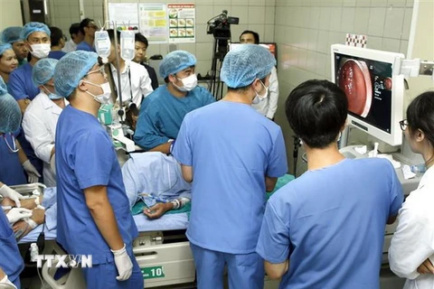 Các chuyên gia Nhật Bản chuyển giao kỹ thuật cao, tiến bộ y học cho các giáo sư, bác sỹ Trung tâm Tiêu hóa - Bệnh viện Bạch Mai. (Ảnh: Dương Ngọc/TTXVN)