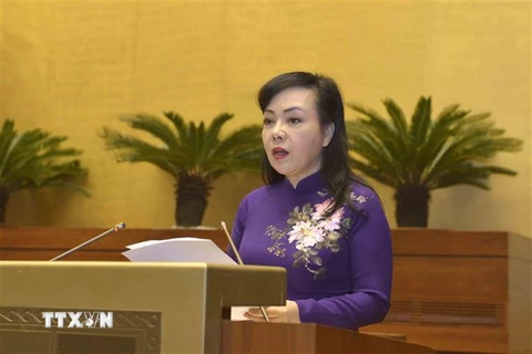 Bộ trưởng Bộ Y tế Nguyễn Thị Kim Tiến trình bày Tờ trình về dự án Luật Phòng, chống tác hại của rượu, bia. (Ảnh: Phương Hoa/TTXVN)