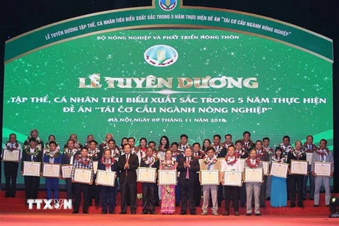 Ban tổ chức trao tặng Bằng khen của Bộ trưởng Bộ Nông nghiệp và Phát triển nông thôn cho các Hợp tác xã và nông dân, chủ trang trại có thành tích xuất sắc. (Ảnh: Vũ Sinh/TTXVN)