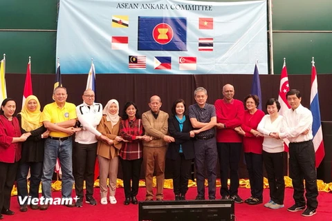 Đại sứ Việt Nam Trần Quang Tuyến và Phu nhân (ngoài cùng bên phải) chụp ảnh lưu niệm cùng Đại sứ và Phu nhân/Phu quân 06 nước ASEAN. (Nguồn: Đại sứ quán Việt Nam tại Thổ Nhĩ Kỳ)