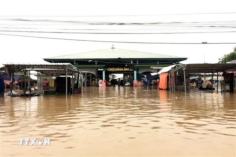 Chợ tại xã Phước Nam, huyện Thuận Nam bị ngập nặng. (Ảnh: Công Thử/TTXVN)
