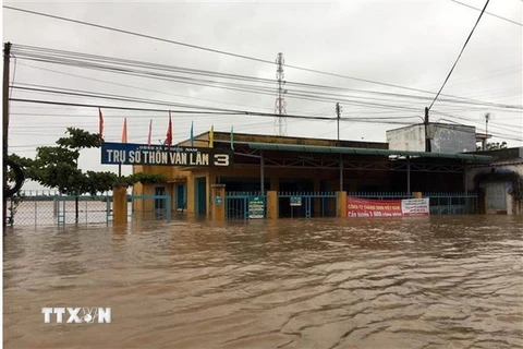 Trụ sở thôn Văn Lâm 3, xã Phước Nam, huyện Thuận Nam bị ngập sâu. (Ảnh: Công Thử/TTXVN)