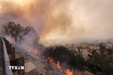Lửa cháy rừng bốc ngùn ngụt gần tuyến đường cao tốc ở thung lũng Simi, bang California, Mỹ. (Nguồn: THX/TTXVN)